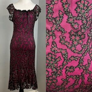 Vintage Y2K Floral Black Lace Midi Dress Sz M